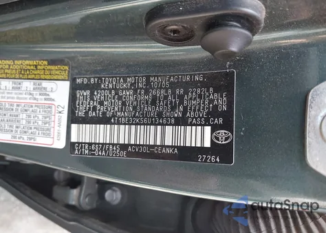 2006 Toyota Camry Le z USA, uszkodzony, nr VIN 4T1BE32K56U134638